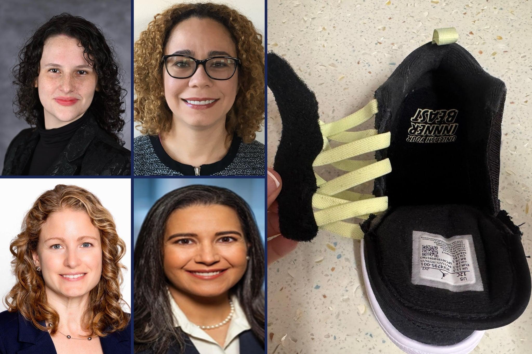 The four authors, Megan Patton, Amanda Ayala, Vera Tsetlina and Hannah Shoval, and a black sneaker held wide open, its tongue folded out on stretchy yellow laces.