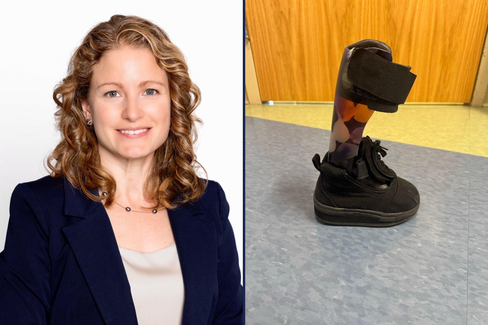 Dr. Vera Tsetlina, and an ankle-foot orthosis with a colorful patterned shell worn inside a black zip-entry adaptive sneaker.